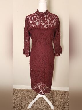Eva Mendes New York & Company Burgundy Lace Midi Dress